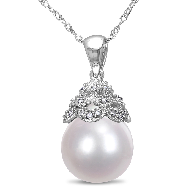 10.5-11 MM South Sea Cultured Pearl and Diamond Accent Filigree Pendant with Chain in 14k White Gold