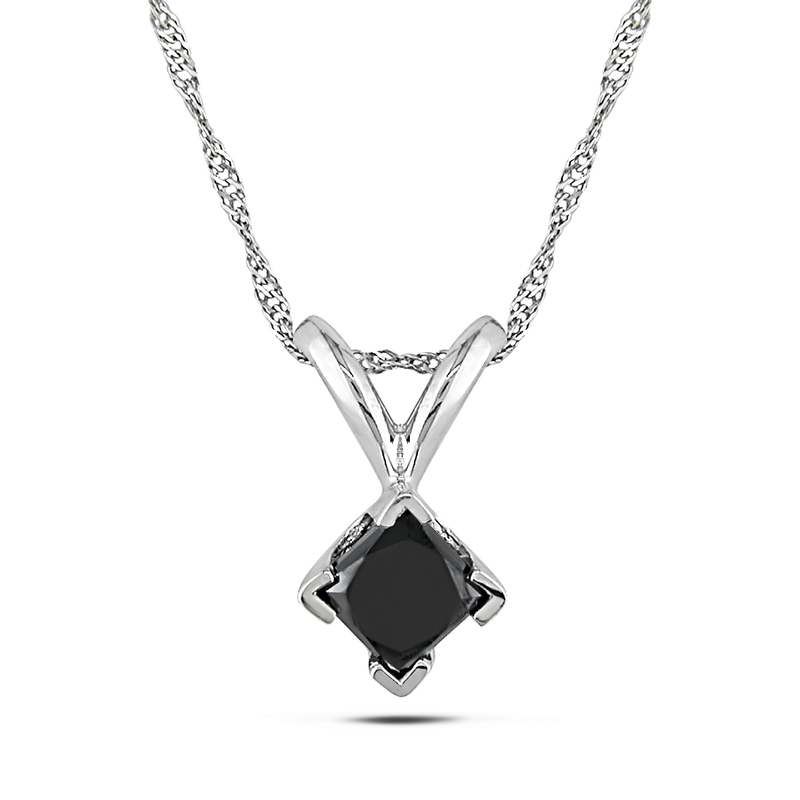1/2 CT TW Black Princess Cut Diamond Solitaire Pendant with Chain in 14k White Gold