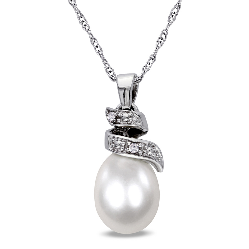 6.5 - 7 MM Cultured Freshwater Pearl and Diamond Spiral Pendant with Chain in 10k White Gold