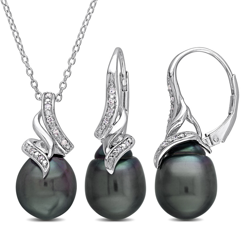 1/10 CT Diamond TW 9 - 9.5 MM Tahitian Cultured Pearl Earrings and Pendant With Chain Set in Sterling Silver