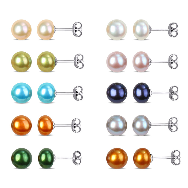 7-7.5 MM Multi-Color Cultured Freshwater Pearl Stud Earrings 10-Pair Set in Sterling Silver 7-7.5 MM Multi-Color Cultured Freshwater Pearl Stud Earrings 10-Pair Set in Sterling Silver