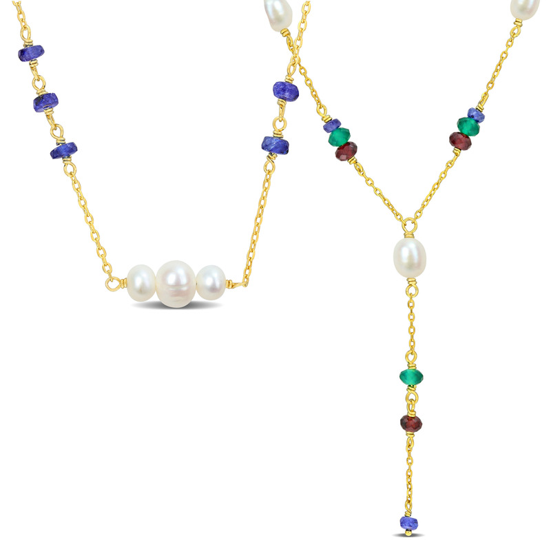 4-6.5 MM Cultured Freshwater Pearl and Multi-Gemstone Necklace Set in Yellow Plated Sterling Silver 4-6.5 MM Cultured Freshwater Pearl and Multi-Gemstone Necklace Set in Yellow Plated Sterling Silver