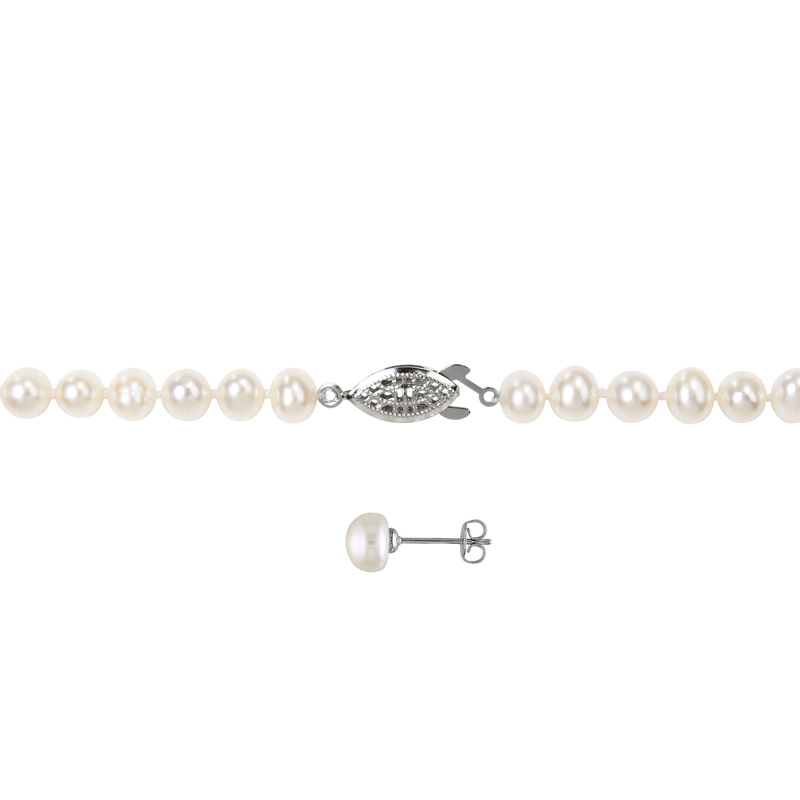 6 - 7 MM Freshwater Cultured Potato Pearl Elastic Bracelet, 18 Necklace & Earrings in Sterling Silver