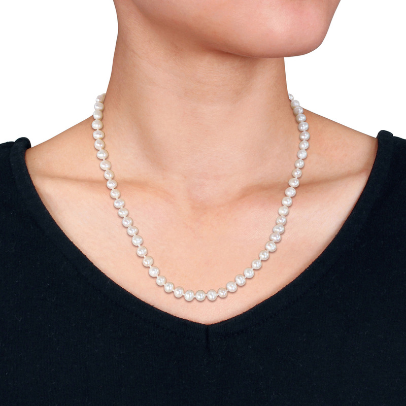 6-7 MM Cultured Freshwater Pearl Necklace and Elastic Bracelet Set with Silvertone Clasp