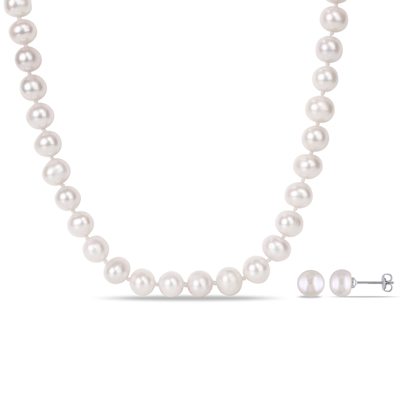 8 - 10MM Freshwater Cultured Pearl 18" Necklace & Earrings in Sterling Silver
