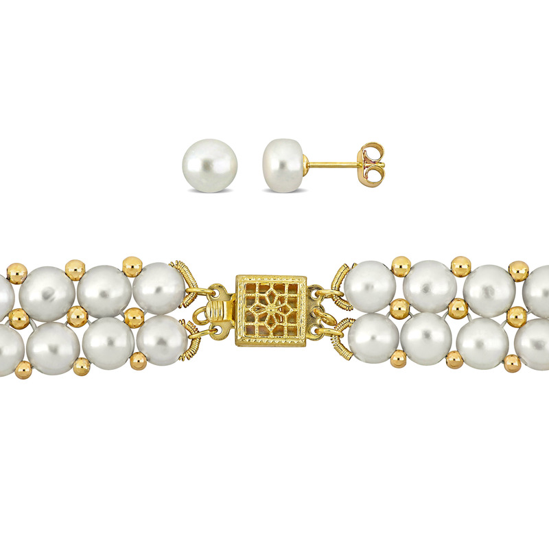 6-8 MM Cultured Freshwater Button Pearl Bead Double Row Necklace Bracelet and Stud Earrings 3-Piece Set in Yellow Plated Sterling Silver