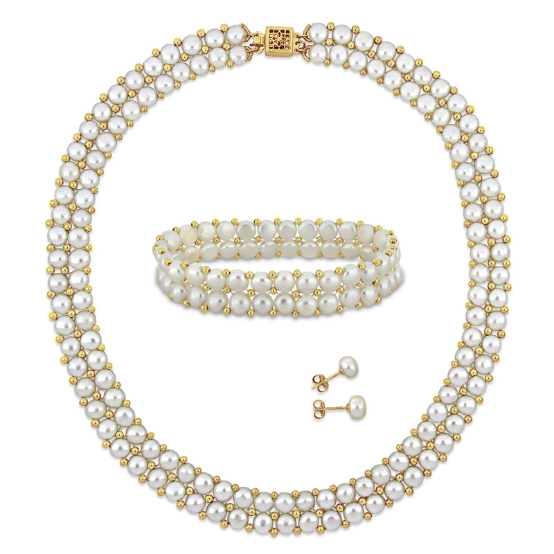 6-8 MM Cultured Freshwater Button Pearl Bead Double Row Necklace Bracelet and Stud Earrings 3-Piece Set in Yellow Plated Sterling Silver 6-8 MM Cultured Freshwater Button Pearl Bead Double Row Necklace Bracelet and Stud Earrings 3-Piece Set in Yellow Plated Sterling Silver