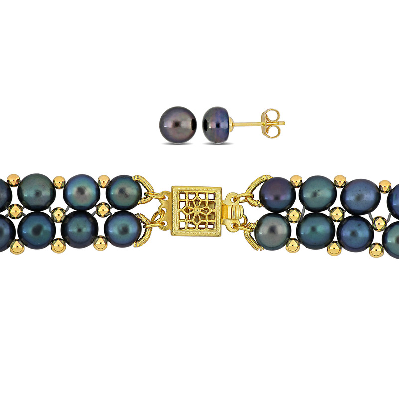 6-8 MM Black Cultured Freshwater Pearl Bead Double Row Strand Necklace Bracelet and Stud Earrings 3-Piece Set in Yellow Plated Sterling Silver