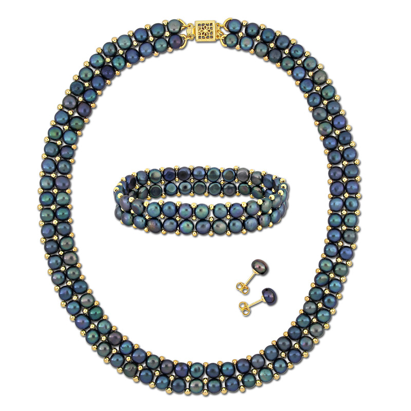 6-8 MM Black Cultured Freshwater Pearl Bead Double Row Strand Necklace Bracelet and Stud Earrings 3-Piece Set in Yellow Plated Sterling Silver 6-8 MM Black Cultured Freshwater Pearl Bead Double Row Strand Necklace Bracelet and Stud Earrings 3-Piece Set in Yellow Plated Sterling Silver