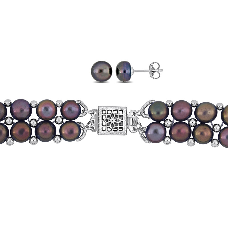 6-8 MM Black Cultured Freshwater Pearl Bead Double Row Strand Necklace Bracelet and Stud Earrings 3-Piece Set in Sterling Silver