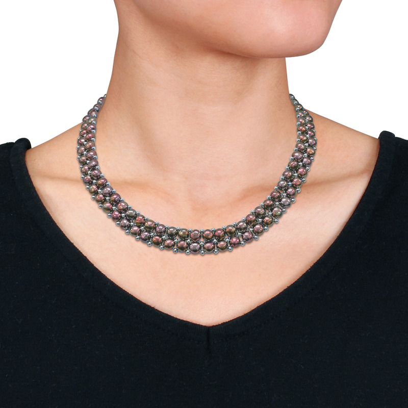 6-8 MM Black Cultured Freshwater Pearl Bead Double Row Strand Necklace Bracelet and Stud Earrings 3-Piece Set in Sterling Silver