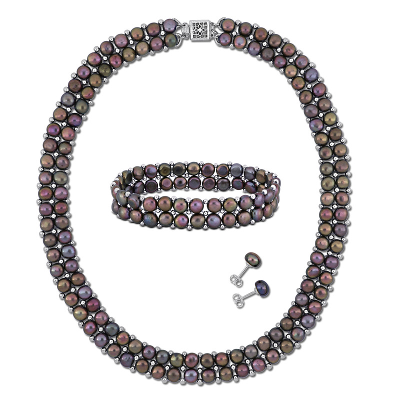 6-8 MM Black Cultured Freshwater Pearl Bead Double Row Strand Necklace Bracelet and Stud Earrings 3-Piece Set in Sterling Silver 6-8 MM Black Cultured Freshwater Pearl Bead Double Row Strand Necklace Bracelet and Stud Earrings 3-Piece Set in Sterling Silver