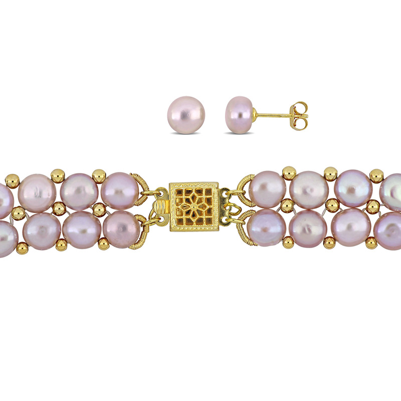 6-8 MM Pink Cultured Freshwater Pearl Bead Double Row Strand Necklace Bracelet and Stud Earrings 3-Piece Set in Yellow Plated Sterling Silver