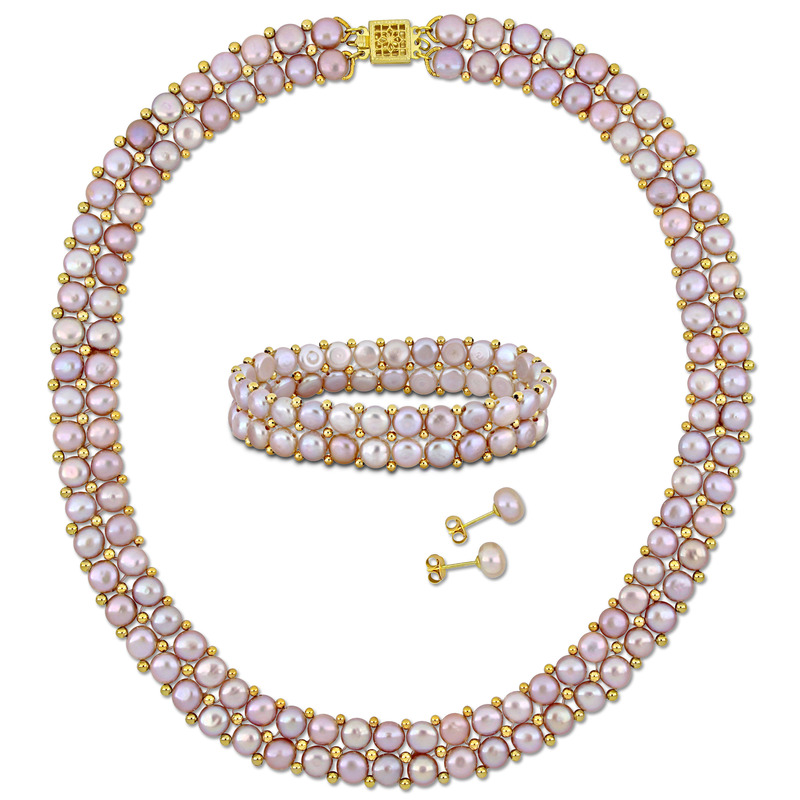 6-8 MM Pink Cultured Freshwater Pearl Bead Double Row Strand Necklace Bracelet and Stud Earrings 3-Piece Set in Yellow Plated Sterling Silver 6-8 MM Pink Cultured Freshwater Pearl Bead Double Row Strand Necklace Bracelet and Stud Earrings 3-Piece Set in Yellow Plated Sterling Silver