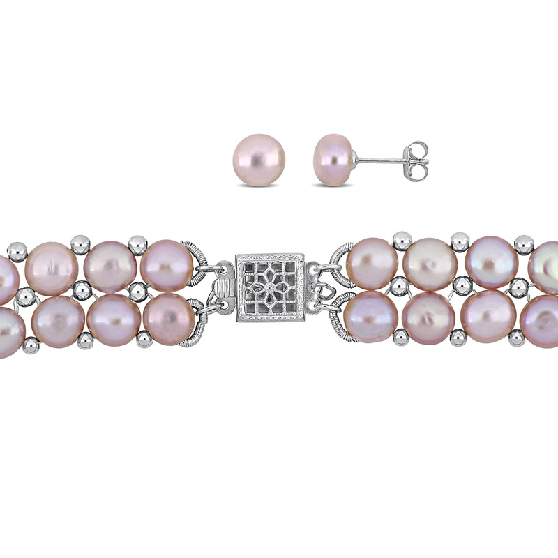 6-8 MM Pink Cultured Freshwater Pearl Bead Double Row Strand Necklace Bracelet and Stud Earrings 3-Piece Set in Sterling Silver