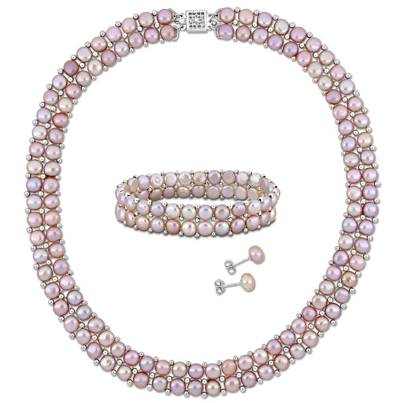 6-8 MM Pink Cultured Freshwater Pearl Bead Double Row Strand Necklace Bracelet and Stud Earrings 3-Piece Set in Sterling Silver 6-8 MM Pink Cultured Freshwater Pearl Bead Double Row Strand Necklace Bracelet and Stud Earrings 3-Piece Set in Sterling Silver