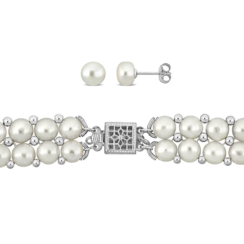 6 - 8 MM White Freshwater Cultured Button Pearl Double-Row 17 Necklace, 7 Bracelet & Button Earrings Set in Sterling Silver