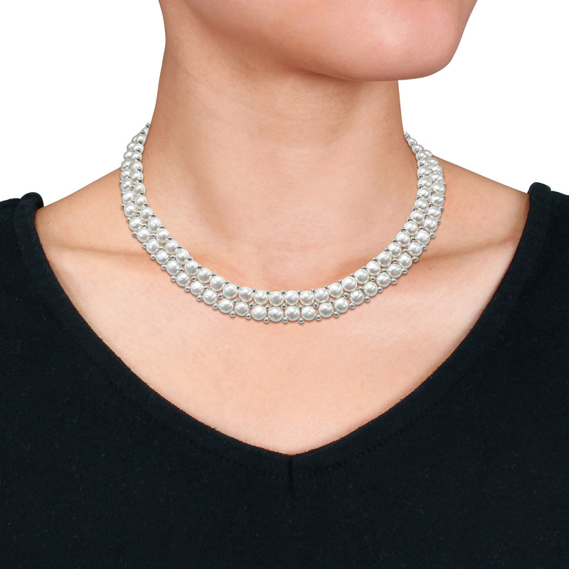 6 - 8 MM White Freshwater Cultured Button Pearl Double-Row 17 Necklace, 7 Bracelet & Button Earrings Set in Sterling Silver