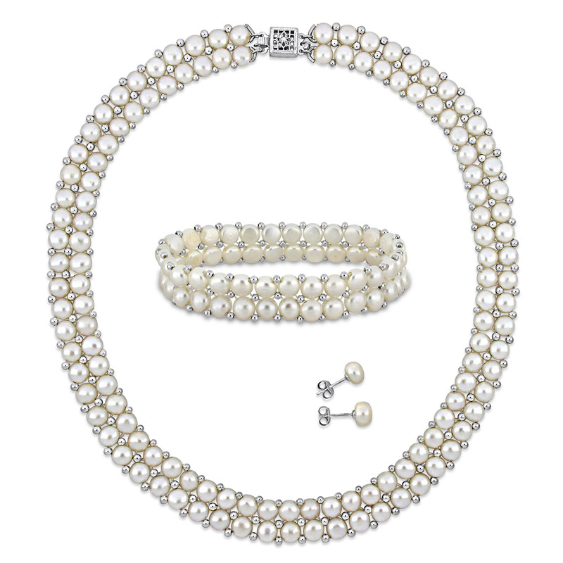 6 - 8 MM White Freshwater Cultured Button Pearl Double-Row 17 Necklace, 7 Bracelet & Button Earrings Set in Sterling Silver