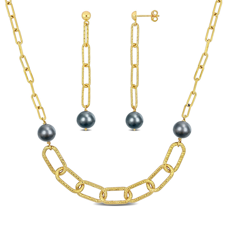 9-10 MM Grey Pearl Oval Link Earrings and Chain Bar Necklace Jewelry Set in 18k Yellow Gold Plated Sterling Silver 9-10 MM Grey Pearl Oval Link Earrings and Chain Bar Necklace Jewelry Set in 18k Yellow Gold Plated Sterling Silver