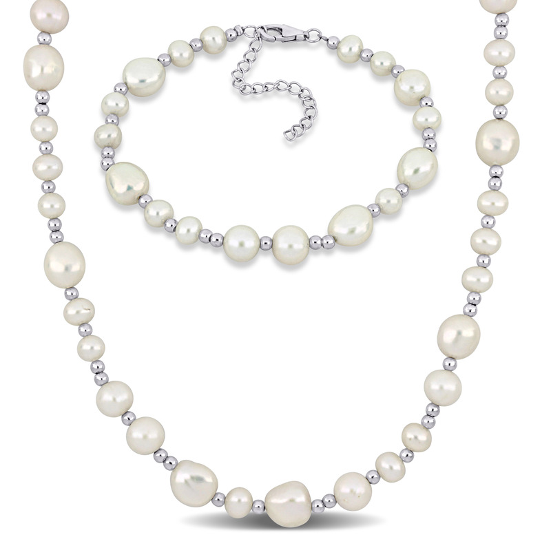 5-10 MM Cultured Freshwater Pearl Bead Necklace and Bracelet Set with Sterling Silver Clasps 5-10 MM Cultured Freshwater Pearl Bead Necklace and Bracelet Set with Sterling Silver Clasps