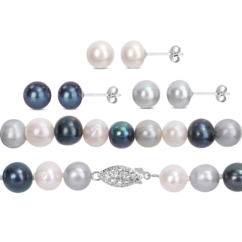 7.5-8 MM Multi-Color Cultured Freshwater Pearl Necklace Stud Earrings & Bracelet 5-Piece Set in Sterling Silver