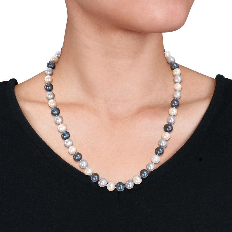 7.5-8 MM Multi-Color Cultured Freshwater Pearl Necklace Stud Earrings & Bracelet 5-Piece Set in Sterling Silver
