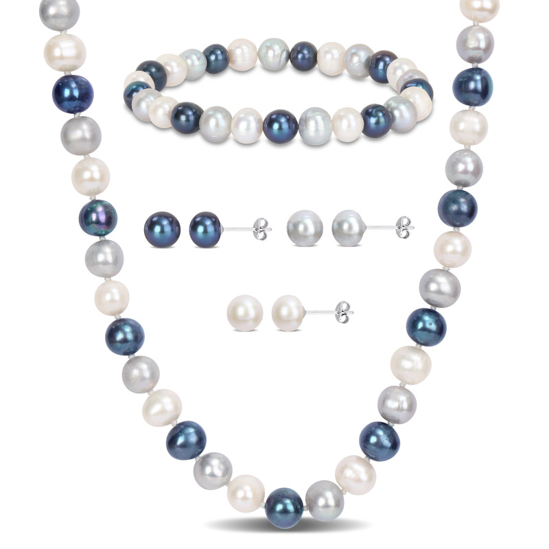 7.5-8 MM Multi-Color Cultured Freshwater Pearl Necklace Stud Earrings & Bracelet 5-Piece Set in Sterling Silver 7.5-8 MM Multi-Color Cultured Freshwater Pearl Necklace Stud Earrings & Bracelet 5-Piece Set in Sterling Silver