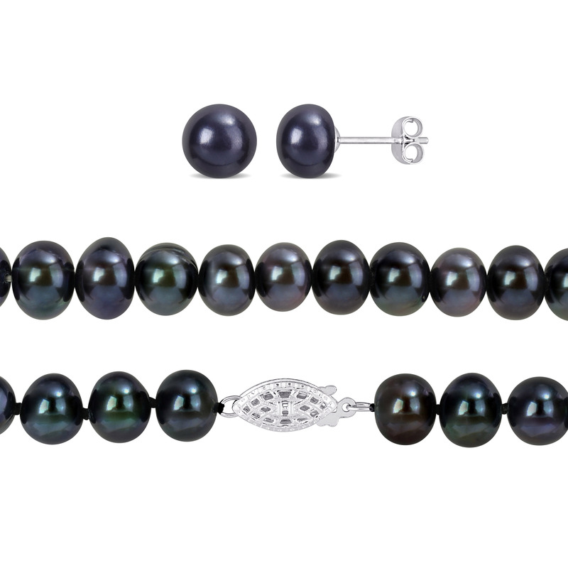 7.5-8 MM Black Cultured Freshwater Pearl Necklace Bracelet and Earrings Set in Sterling Silver