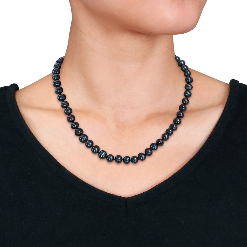 7.5-8 MM Black Cultured Freshwater Pearl Necklace Bracelet and Earrings Set in Sterling Silver