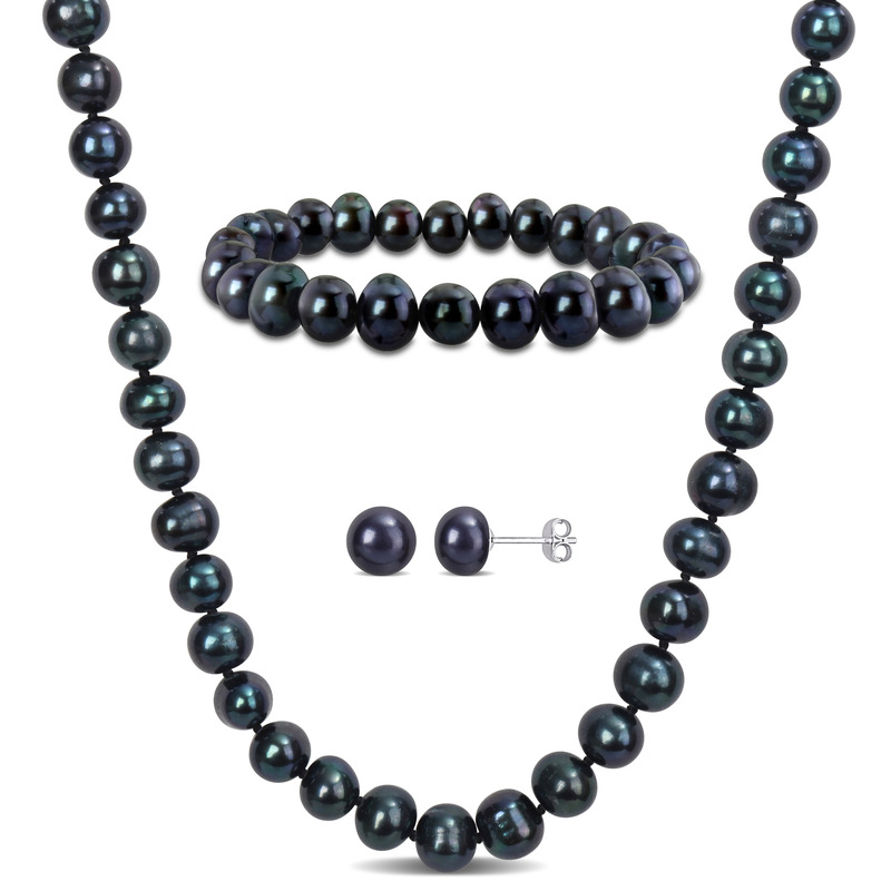 7.5-8 MM Black Cultured Freshwater Pearl Necklace Bracelet and Earrings Set in Sterling Silver 7.5-8 MM Black Cultured Freshwater Pearl Necklace Bracelet and Earrings Set in Sterling Silver