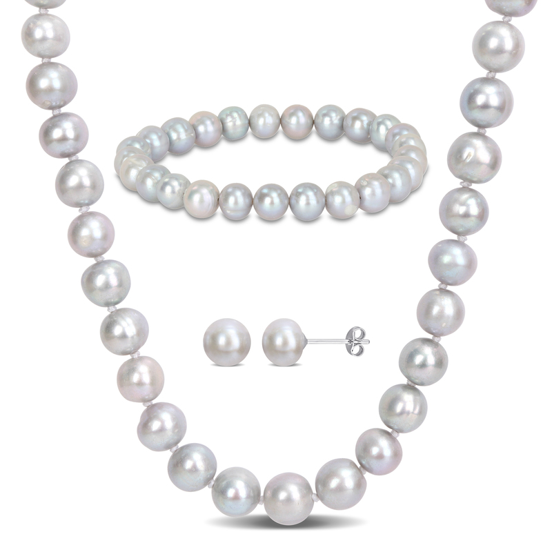 7.5-8 MM Grey Freshwater Cultured Pearl 3-Piece Set of Necklace Earrings and Bracelet in Sterling Silver