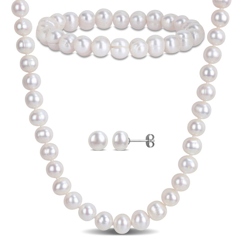 7.5-8 MM Freshwater Cultured Pearl 3-Piece Set of Necklace Earrings and Bracelet in Sterling Silver