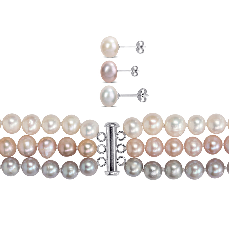 7.5-8 MM White Pink Grey Cultured Freshwater Pearl 3-Strand Necklace Stretch Bracelets and Earrings 7-Piece Jewelry Set in Sterling Silver
