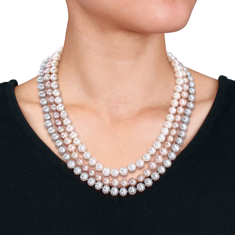 7.5-8 MM White Pink Grey Cultured Freshwater Pearl 3-Strand Necklace Stretch Bracelets and Earrings 7-Piece Jewelry Set in Sterling Silver