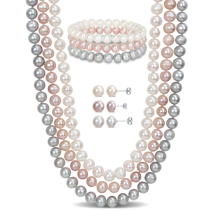 7.5-8 MM White Pink Grey Cultured Freshwater Pearl 3-Strand Necklace Stretch Bracelets and Earrings 7-Piece Jewelry Set in Sterling Silver 7.5-8 MM White Pink Grey Cultured Freshwater Pearl 3-Strand Necklace Stretch Bracelets and Earrings 7-Piece Jewelry Set in Sterling Silver