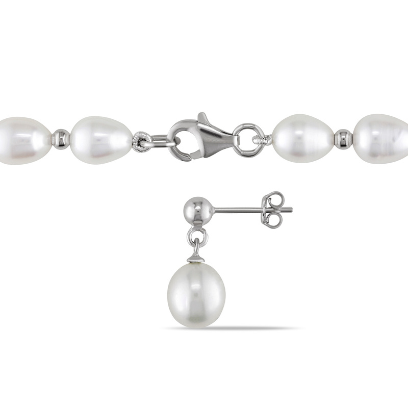 8-8.5 MM White Freshwater Cultured Pearl and Bead Strand and Stud Earring 2-Piece Set in Sterling Silver - 18 in.