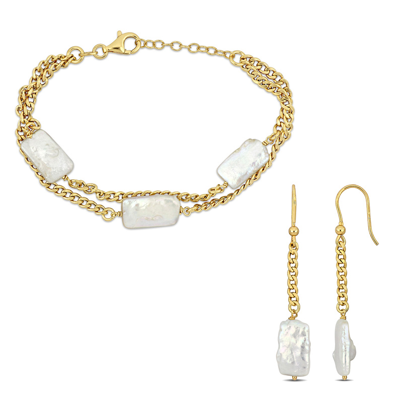 Cultured Freshwater Pearl Curb Link Double Chain Bracelet and Drop Earrings Set in Yellow Plated Sterling Silver Cultured Freshwater Pearl Curb Link Double Chain Bracelet and Drop Earrings Set in Yellow Plated Sterling Silver