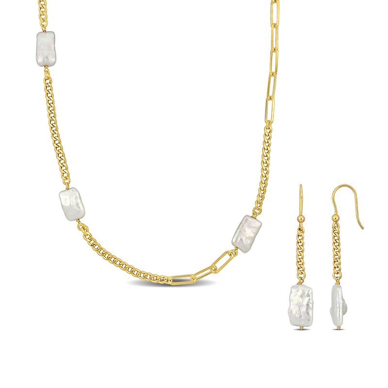 Cultured Freshwater Pearl Curb Link Paperclip Chain Necklace and Drop Earrings Set in Yellow Plated Sterling Silver Cultured Freshwater Pearl Curb Link Paperclip Chain Necklace and Drop Earrings Set in Yellow Plated Sterling Silver