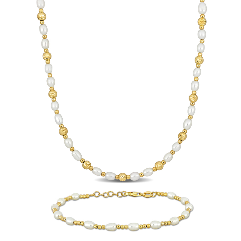 3.5-4 MM Cultured Freshwater Pearl Ball Bead Necklace and Bracelet Set in Yellow Plated Sterling Silver 3.5-4 MM Cultured Freshwater Pearl Ball Bead Necklace and Bracelet Set in Yellow Plated Sterling Silver