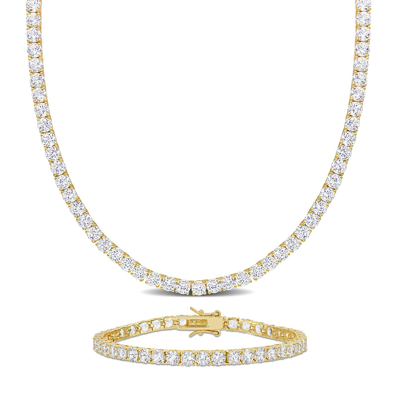 47 1/4 CT TGW Created White Sapphire Tennis Bracelet and Necklace Set in Yellow Plated Sterling Silver