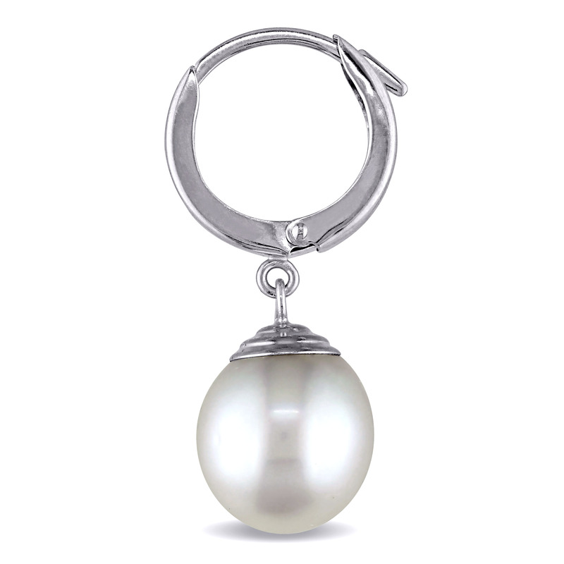 9 - 10 MM South Sea Cultured Pearl Hinged Hoop Drop Earrings in 14k White Gold