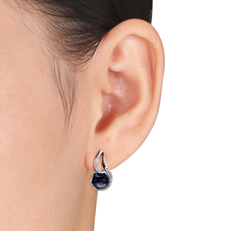 9 - 9.5 MM Black Cultured Freshwater Pearl with Diamonds Earrings in Sterling Silver