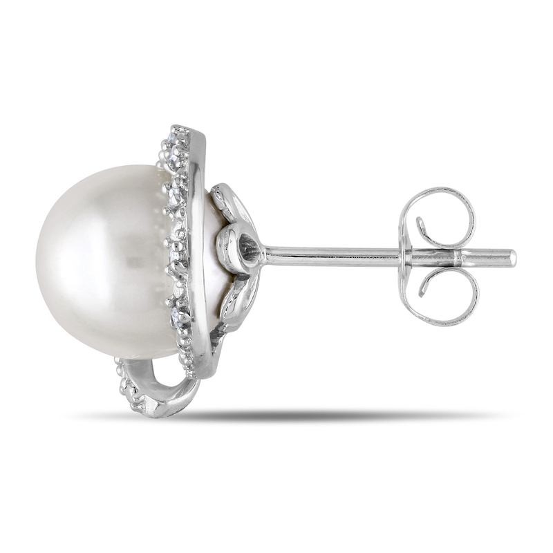 8 - 8.5 MM Cultured Freshwater Pearl and 1/10 CT TW Diamond Stud Earrings in 10k White Gold