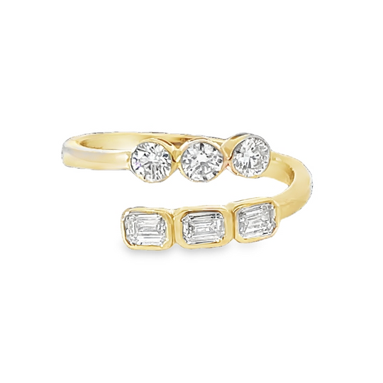 Yellow Gold Open Bypass Ring With Brilliant And Emerald Cut Diamonds