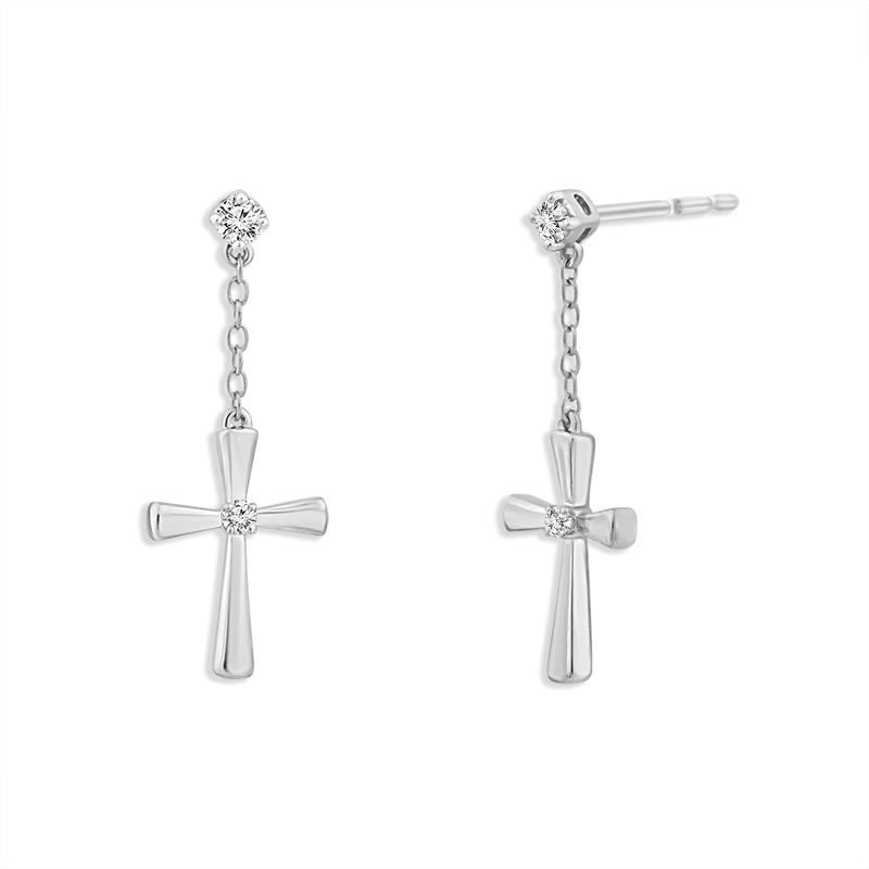 White 10 Karat Cross Diamond Fashion Earrings With 0.10tw Round Diamonds