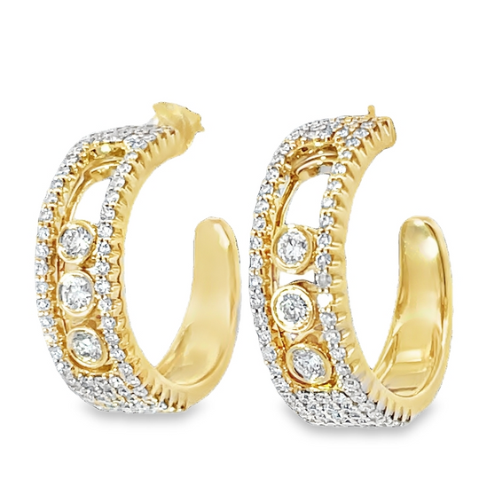Yellow 14 Karat Medium Hoop Diamond Fashion Earrings With = 0.98tw Round Diamonds