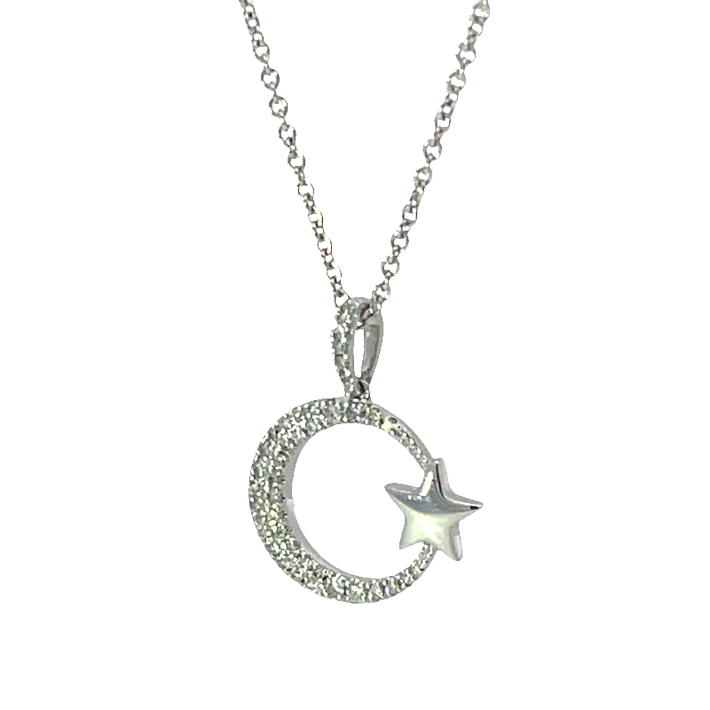 Elegant White Gold Diamond Moon And Star Pendant