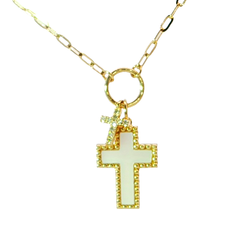Elegant Gold Crosses With Diamond And Mother Of Pearl Pendant Necklace
