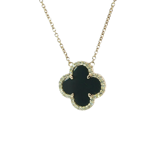 Elegant Yellow Gold Black Onyx Clover Motif Charm Necklace